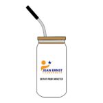 16oz engraved can glass with lid — jean ernst leadership 'servir pour impacter' logo