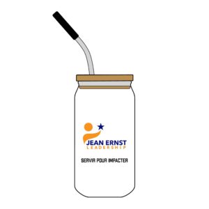 16oz engraved can glass with lid — jean ernst leadership 'servir pour impacter' logo